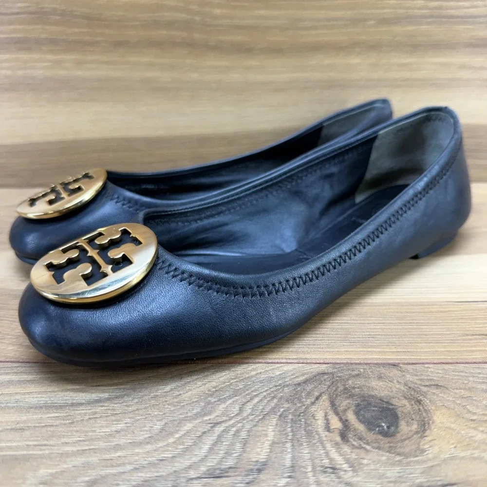 Tory Burch Reva Flats Black Soft 6.5 M Soft Leather Gold Logo Modern Office Walk